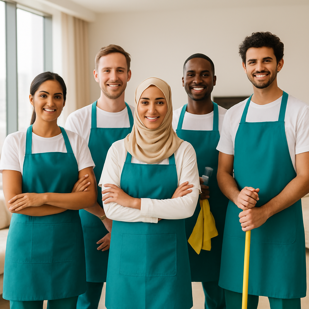 The Spotless UAE team in matching uniforms inside a bright, freshly cleaned Sharjah apartment